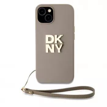 DKNY PU ādas Stack Logo Wrist Strap maciņš iPhone 13 Pro Max bēšs