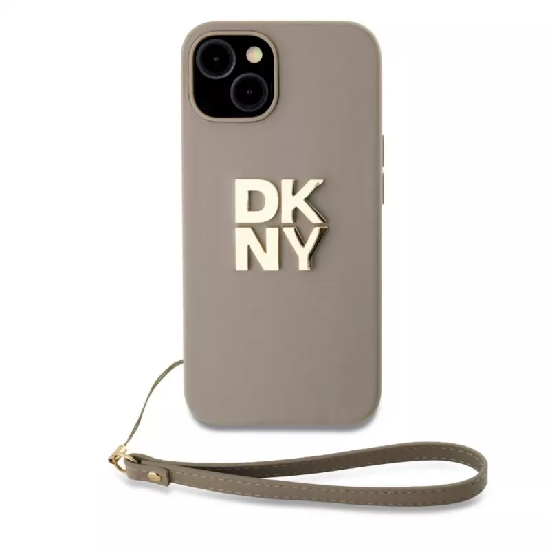 DKNY PU ādas Stack Logo Wrist Strap maciņš iPhone 13 Pro Max bēšs