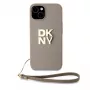 DKNY PU ādas Stack Logo Wrist Strap maciņš iPhone 13 Pro Max bēšs
