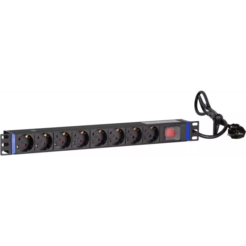 DSIT DS-8PDU-S 19 collu Rack PDU ar slēdzi, 8x Schuko rozetes, 2m kabelis, 16A/3680W – melns/sudraba