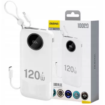Dudao 120W Fast Charge Built-in Cable Digital Display 10000mAh Power Bank White