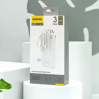 Dudao K11 10000mAh Powerbank ar iebūvētiem kabeļiem Balts