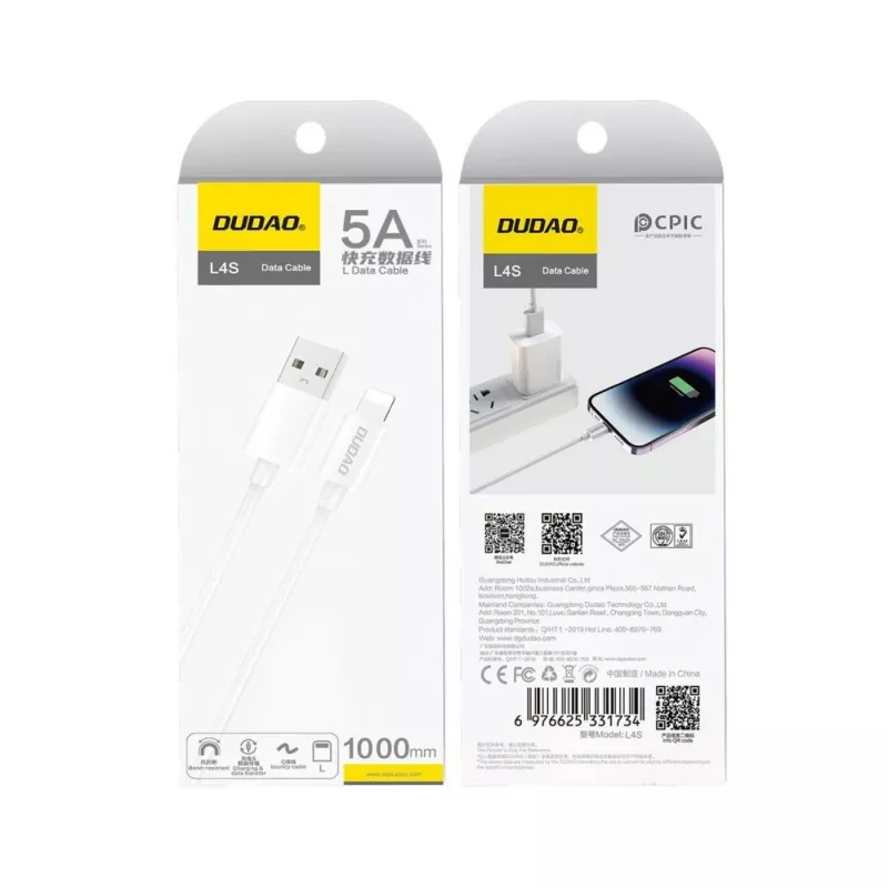 Dudao USB-A to Lightning kabelis 1m Balts