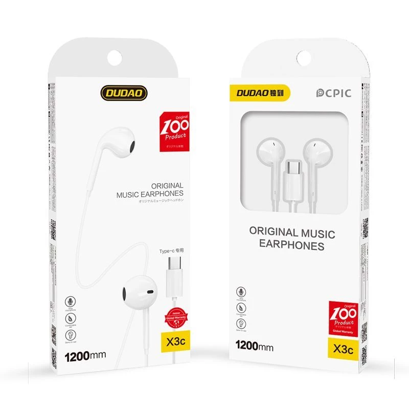 Dudao USB Type-C Connecto Stereo Austiņas Jauns Ergonoms Ausu Ieliktņu Dizains X3C Balts