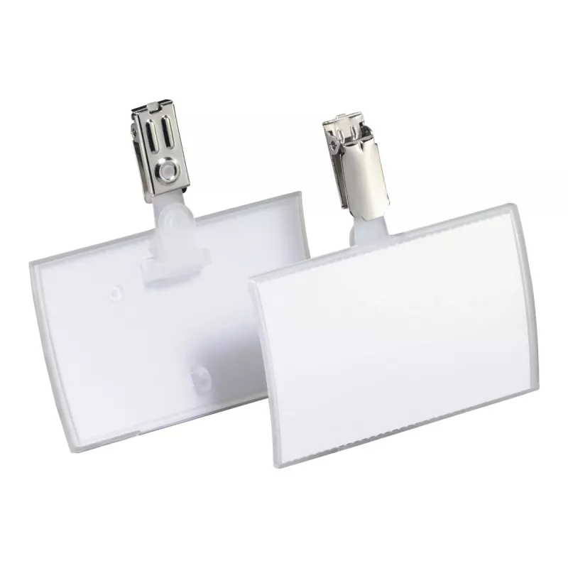 DURABLE CLICK FOLD vārda nozīmīte ar klipsi, 90x54 mm ieliktnis, caurspīdīga, 25 gab. iepakojumā 821619