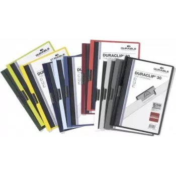DURABLE DURACLIP 30 A4 PVC dokumentu mape ar klipsi, 30 lapu ietilpība, melna/zaļa/caurspīdīga, 3 gab. iepakojums 220032