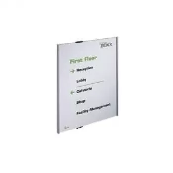 DURABLE INFO SIGN A3 portrets sudraba alumīnija informācijas zīme, pretatspīduma akrils, skrūvju stiprinājums, 297 x 420 mm ieliktnis 480823