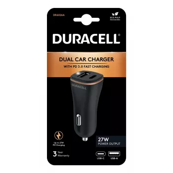 Duracell Power ceļojumu lādētājs 12V USB-A + USB-C 18W PD auto lādētājs DR6026A