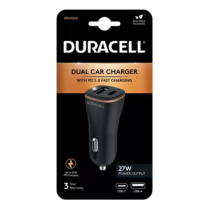 Duracell Power ceļojumu lādētājs 12V USB-A + USB-C 18W PD auto lādētājs DR6026A
