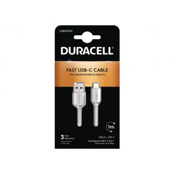 Duracell USB5031W USB-A uz USB-C kabelis 1m USB 3.2 Gen 1 5Gbps Balts