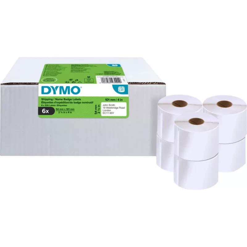 DYMO LabelWriter sūtījumu un vārda nozīmīšu etiķetes, 54 x 101 mm, baltas, pastāvīga līme, 220 etiķetes rullī