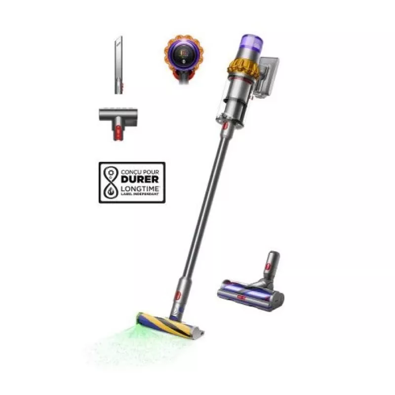 Dyson V15 Detect Absolute bezvadu kāta putekļsūcējs, nerūsējošais tērauds, 240AW, LCD displejs, 60 min darbības laiks