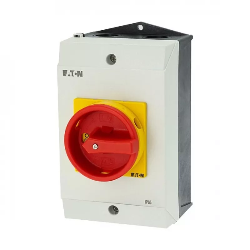 Eaton P1-25/I2/SVB/HI11 25A 3-polu galvenais slēdzis ar avārijas apturēšanu, virsmas montāža, IP65, sarkans/dzeltens