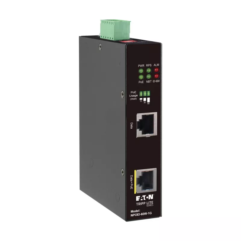 Eaton Tripp Lite Series industriālais Gigabit PoE++ inžektors, 60W, 802.3bt, Midspan, -40°C līdz 75°C, IP30, divkāršs 24-57VDC, DIN sliede, 1 ports, melns
