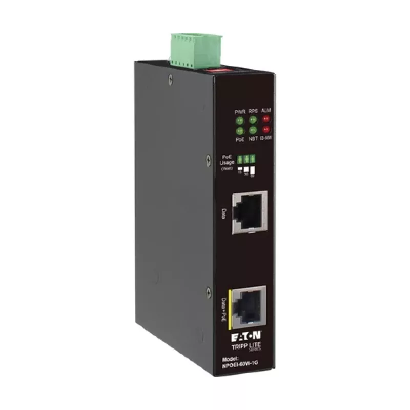 Eaton Tripp Lite Series industriālais Gigabit PoE++ inžektors, 60W, 802.3bt, Midspan, -40°C līdz 75°C, IP30, divkāršs 24-57VDC, DIN sliede, 1 ports, melns