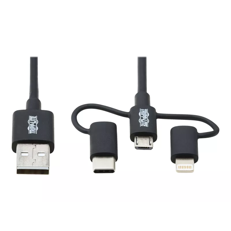 Eaton Tripp Lite Series Universāls USB-A uz Lightning, USB Micro-B un USB-C sinhronizācijas/uzlādes kabelis (M/3xM), MFi sertificēts, melns, 6 pēdas (1,8 m)