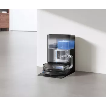 ECOVACS DEEBOT T80S OMNI robotu putekļsūcējs ar automātiskās iztukšošanas staciju, 6000 Pa sūkšanas jauda, karstā ūdens mopu mazgāšana, karstā gaisa žāvēšana, AIVI 3D 2.0 šķēršļu apiešana, TrueMapping 2.0 LiDAR navigācija, melns