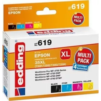 Edding EDD-619 saderīgs augstas ietilpības tintes kasetņu komplekts - melna, ciāna, fuksīna, dzeltena (4 komplektā, Epson 603XL ekvivalents) 18-619