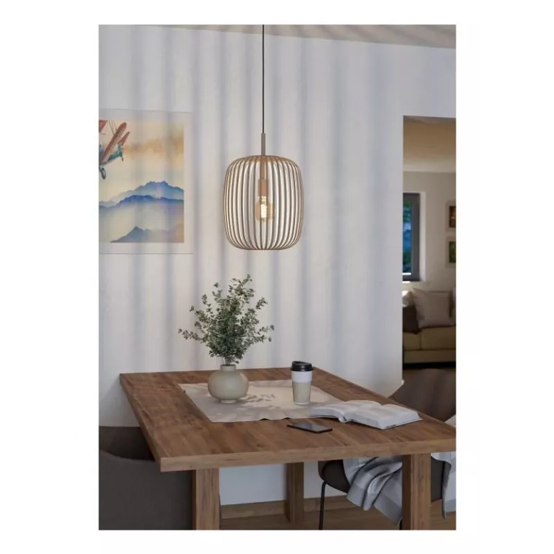 EGLO ROMAZZINA piekaramā lampa, 1 x E27, bēša auduma abažūrs, tērauds, IP20, regulējama, maks. 60W