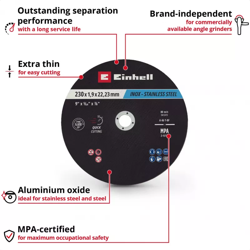 Einhell 230 x 2,0 mm plānie griešanas diski leņķa slīpmašīnām, 10 gab. iepakojums 711524