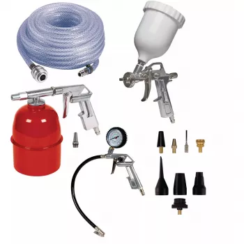 Einhell 4132776 Pneimatisko instrumentu komplekts 5 daļas ar pūšanas pistoli, riepu piepūšanas ierīci, krāsas smidzināšanas pistoli, apakšas smidzināšanas pistoli un 4m spirālveida šļūteni
