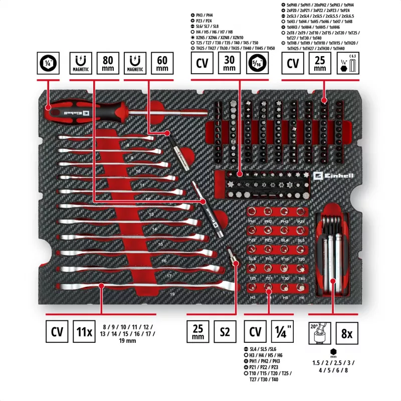 Einhell E-Case 201-Daļu Mehāniķa Instrumentu Komplekts (Hroma Vanādija Tērauds, Sakraujams) (370513)