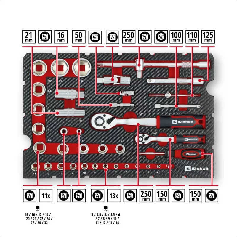 Einhell E-Case 201-Daļu Mehāniķa Instrumentu Komplekts (Hroma Vanādija Tērauds, Sakraujams) (370513)