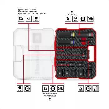 Einhell Trieciena uzgaļu un ligzdu komplekts 1/2 inch 32 daļas XL futrālī