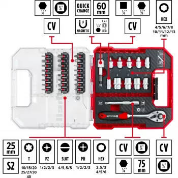 EINHELL-KWB Uzgriežņu un uzgaļu komplekts 1/4 collas 37 daļas L-CASE