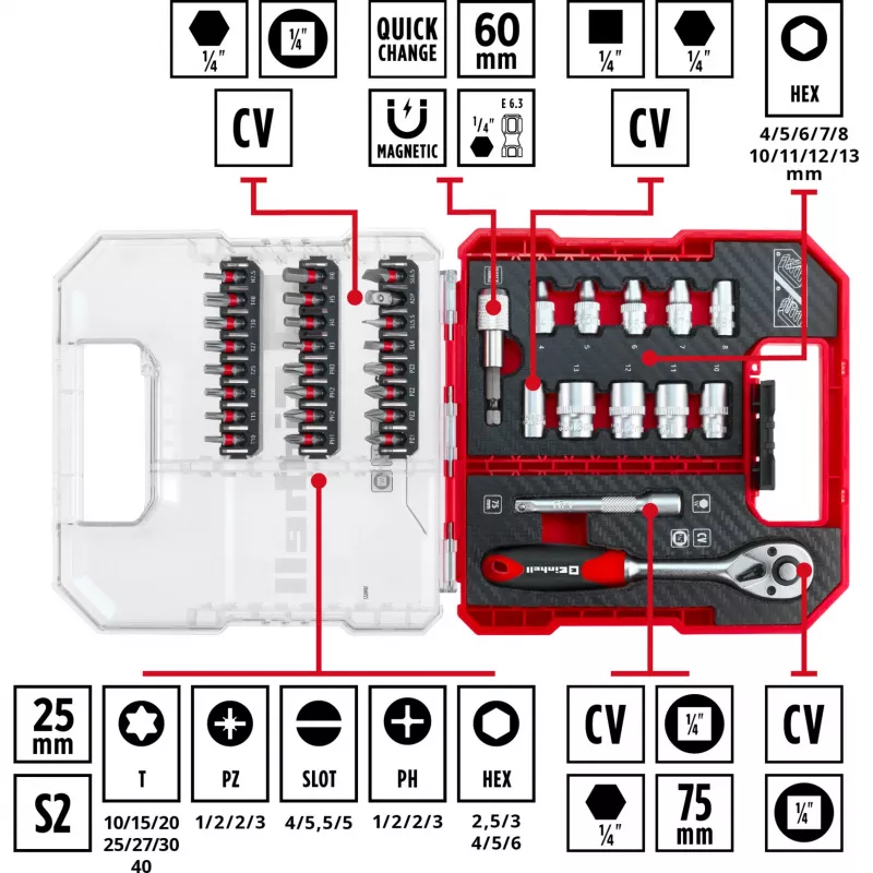 EINHELL-KWB Uzgriežņu un uzgaļu komplekts 1/4 collas 37 daļas L-CASE