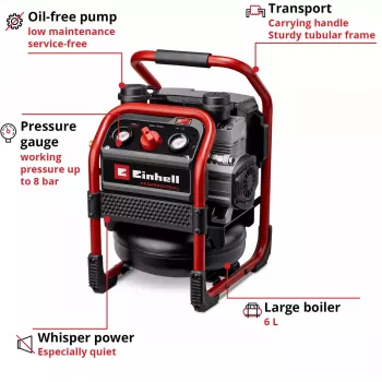 EINHELL Power X-Change Bezvadu Gaisa Kompresors SILENZZO 18/160, 18V (Sarkans/Melns, bez Akumulatora un Lādētāja)