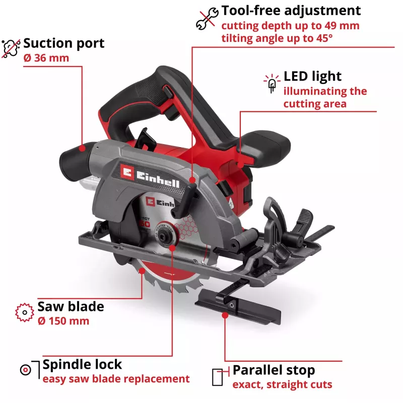 Einhell Power X-Change Bezvadu Rokas Ripzāģis TE-CS 18/150-2 Li-Solo, 18V (Sarkans/Melns, Bez Akumulatora un Lādētāja)