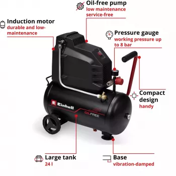 EINHELL TC-AC 190/24/8 I OF Bez eļļas kompresors, 1100 W, 24 L tvertne, 8 bar, Melns