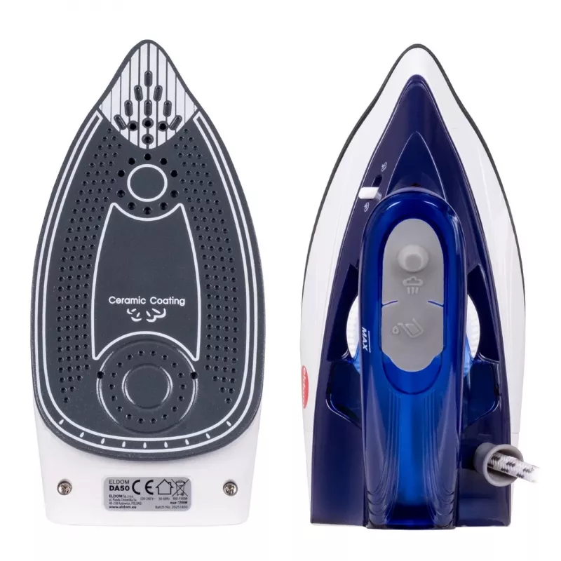 ELDOM DA50 ceļojumu gludeklis 900W zils ar tvaiku, salokāmu rokturi, nepiedegošu pamatni, 40ml tvertni