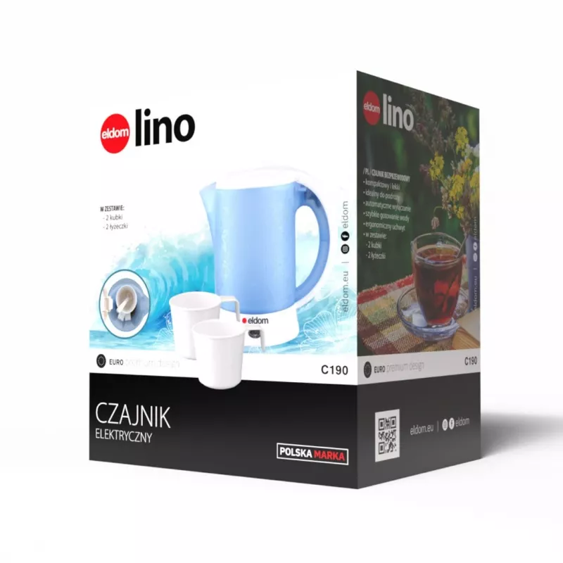 ELDOM Elektriskā ceļojumu tējkanna C190 Lino 0.6L 550W Zila ar 2 krūzēm un 2 karotēm