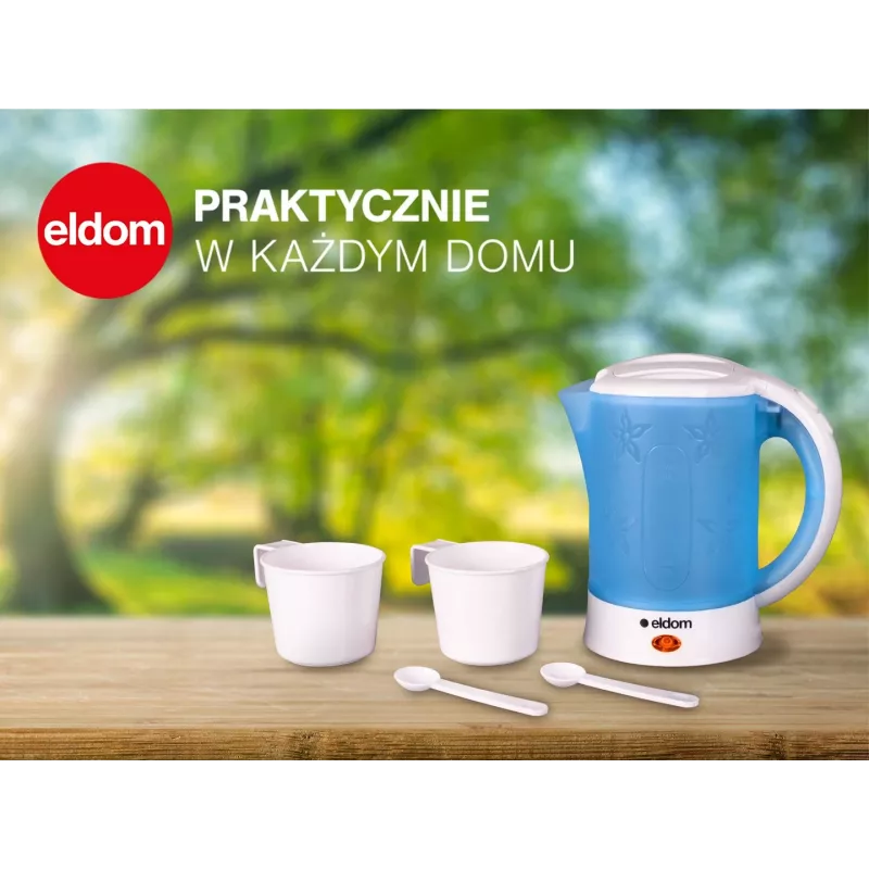 ELDOM Elektriskā ceļojumu tējkanna C190 Lino 0.6L 550W Zila ar 2 krūzēm un 2 karotēm