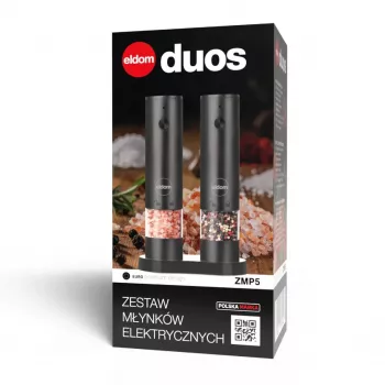 ELDOM ZMP5 ar baterijām darbināms sāls un piparu dzirnaviņu komplekts ar statīvu, melns