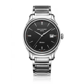 EMILE CHOURIET Vīriešu Šveices automātiskais pulkstenis 40mm Nerūsējošais tērauds Melns ciparnīca Ādas siksniņa 081128G62586