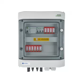 EMITER Switchgear Attached DCAC Hermetic IP65 EMITTER ar līdzstrāvas pārsprieguma aizsargu Dehn 1000V Type 2, 2 x PV virkne, 2 x MPPT // maiņstrāvas Dehn Type 2, 16A 3-F, RCD Type A 40A/300mA
