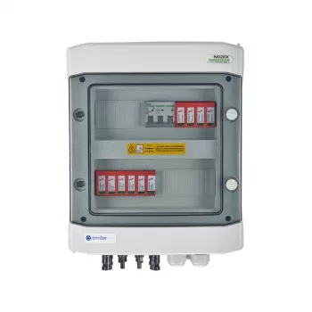 EMITER Switchgear Attached DCAC Hermetic IP65 EMITTER ar līdzstrāvas pārsprieguma aizsardzību Dehn 1000V Type 2, 2 x PV virkne, 2 x MPPT // maiņstrāvas Dehn Type 2, 16A 3-fāžu