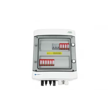 EMITER Switchgear Attached DCAC Hermetic IP65 EMITTER ar DC pārsprieguma aizsardzību Dehn 1000V Type 2, 2 x PV virkne, 2 x MPPT // un AC Dehn Type 2, 20A 3-fāžu