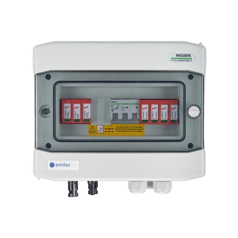 EMITER Switchgear Attached DCAC Hermetic IP65 EMITTER ar Dehn 1000V Type 2 DC pārsprieguma aizsardzību, 1 x PV virkne, 1 x MPPT // og. AC Dehn Type 2, 25A 3-fāžu