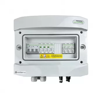 EMITER Switchgear Attached DCAC Hermetic IP65 EMITTER ar Noark 1000V Type 1+2 DC pārsprieguma aizsardzību, 1 x PV virkne, 1 x MPPT // og. AC Noark Type 1+2, 10A 3-fāžu