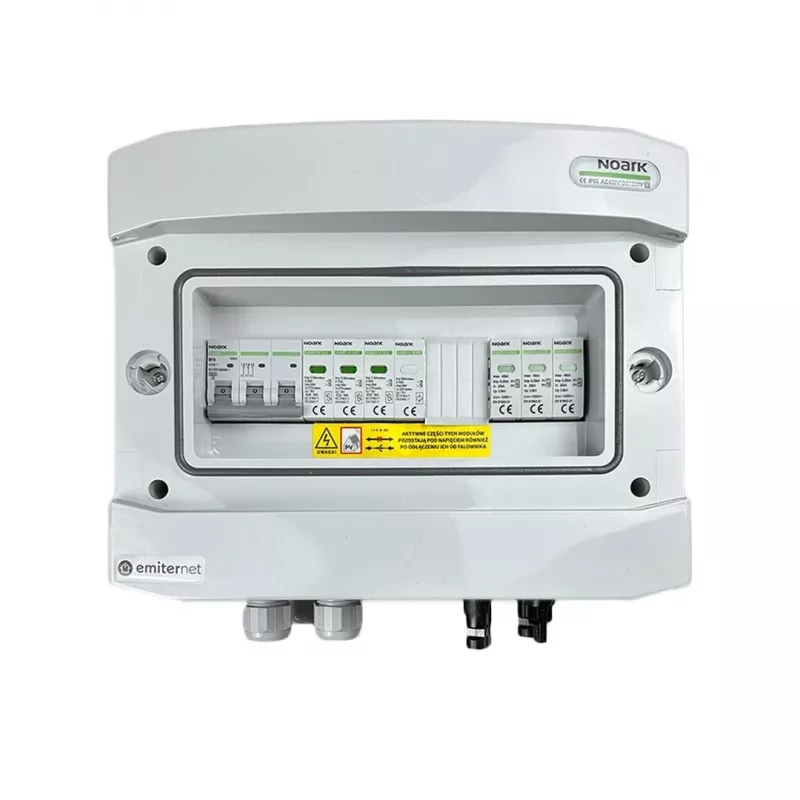 EMITER Switchgear Attached DCAC Hermetic IP65 EMITTER ar Noark 1000V Type 1+2 DC pārsprieguma aizsardzību, 1 x PV virkne, 1 x MPPT // og. AC Noark Type 1+2, 10A 3-fāžu