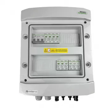 EMITER Switchgear Attached DCAC Hermetic IP65 ar Noark 1000V Type 2 DC pārsprieguma aizsardzību, 2 x PV virkne, 2 x MPPT // AC Noark Type 2, 10A 3-fāžu