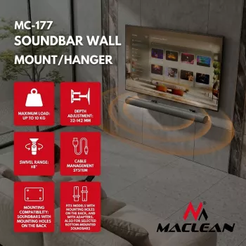 EOF Maclean MC-177 Soundbar sienas stiprinājums, tērauds, melns, slīpums +8° līdz -8°, maks. 10 kg