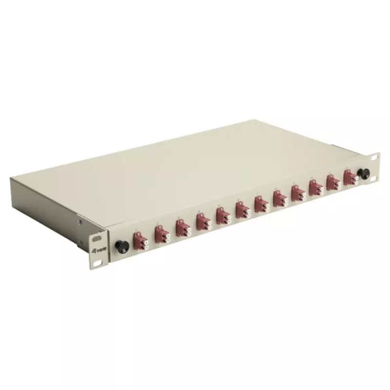 Equip 12-portu optisko šķiedru sadales kaste, LC Duplex, OM4, 1U, aprīkota, pelēka