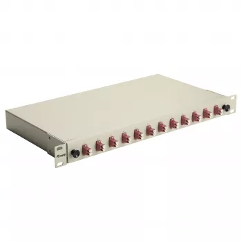 Equip 12-portu optisko šķiedru sadales kaste, LC Duplex, OM4, 1U, aprīkota, pelēka