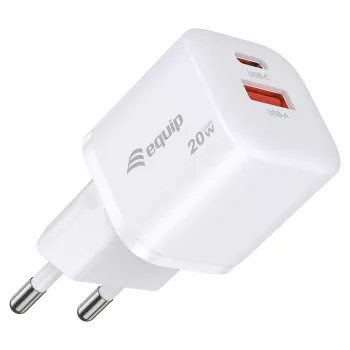 Equip 2 portu USB-C PD3.0/USB-A GaN sienas lādētājs 20W balts