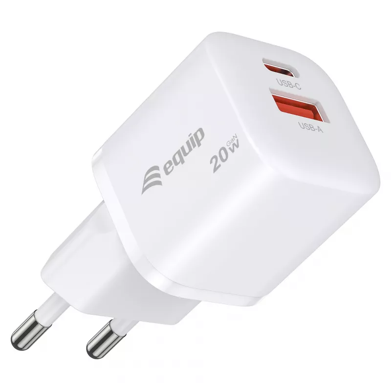 Equip 2 portu USB-C PD3.0/USB-A GaN sienas lādētājs 20W balts